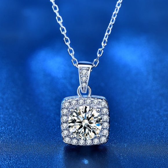 Jewelry - Certified 1ct. t.w. Moissanite Diamond Square Halo Pendant Necklace NEW
